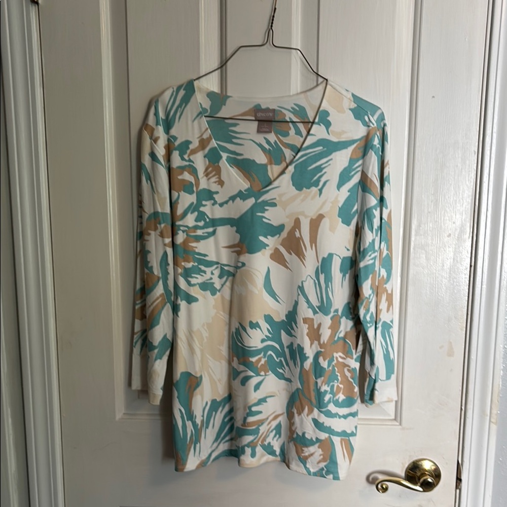 Chico's White, Turquoise and Cream Graphic Blouse Relaxed Style